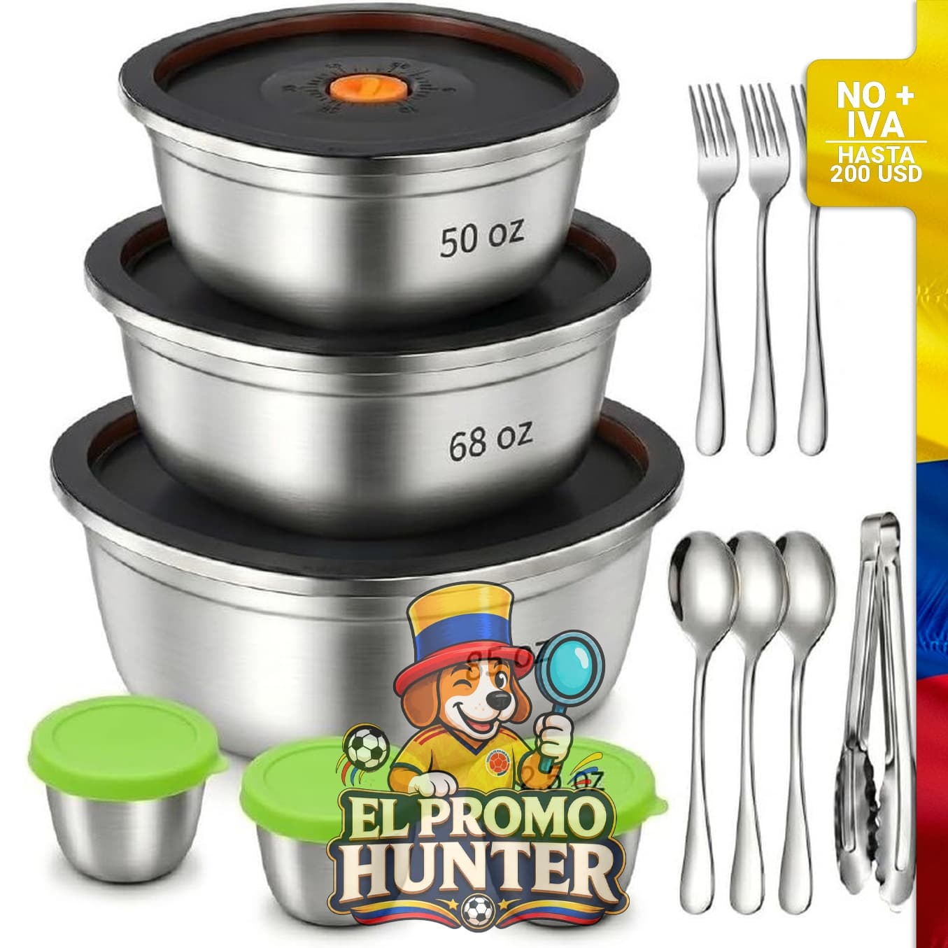 Juego de 13 cuencos de acero inoxidable para ensalada con tapas y vasos para aderezo, incluye utensilios.