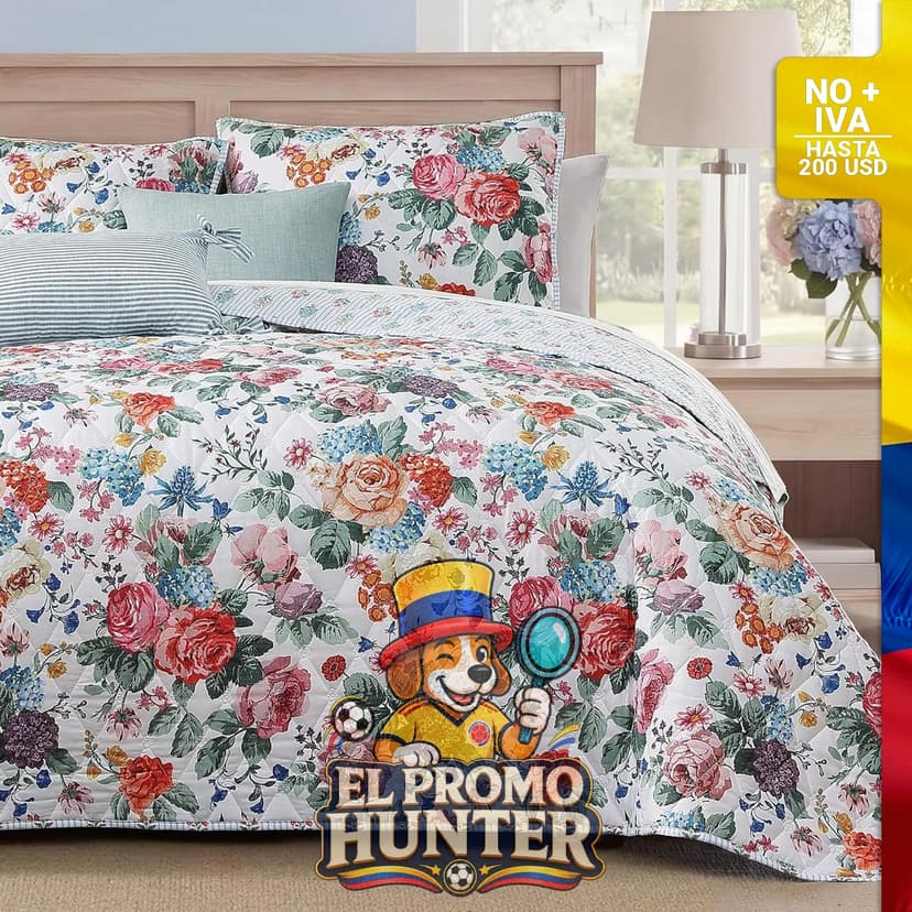 Juego de edredón floral tamaño Queen, incluye colcha y 2 fundas de almohada, dimensiones 229 x 239 cm.