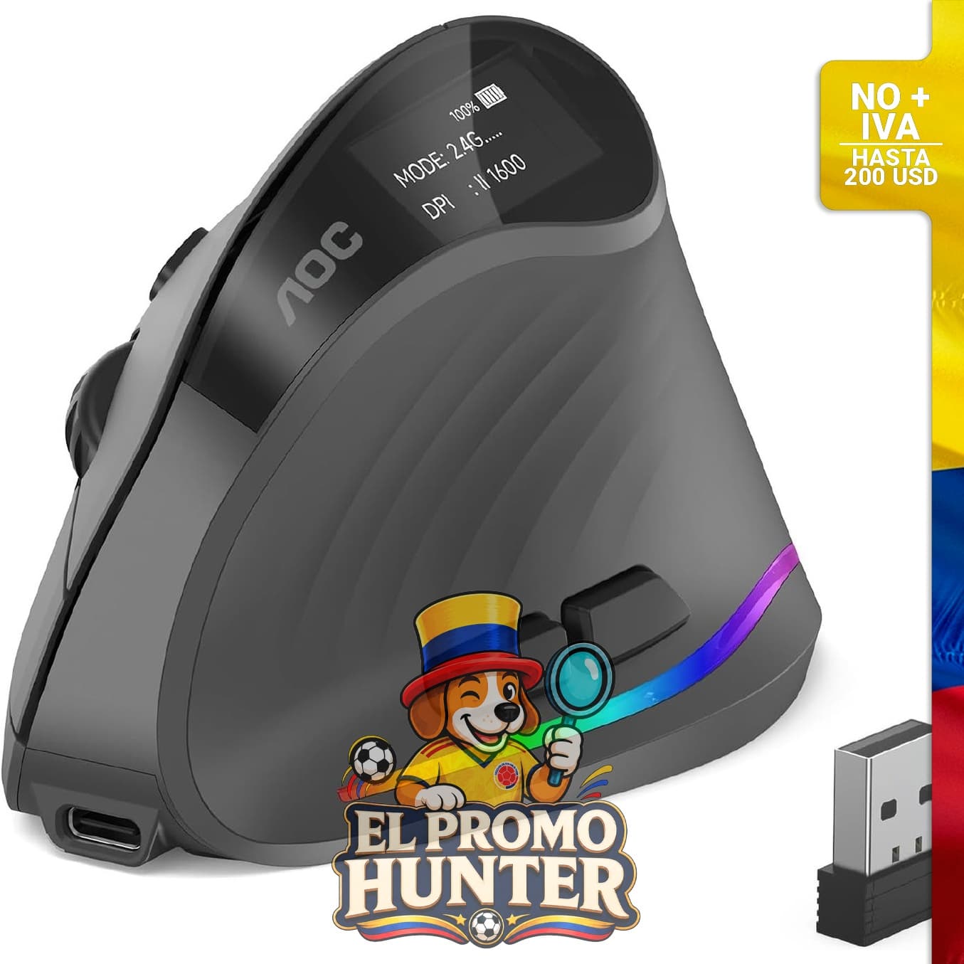 Ratón vertical inalámbrico AOC de 2.4 GHz con seguimiento óptico de 4800 DPI y luz RGB.