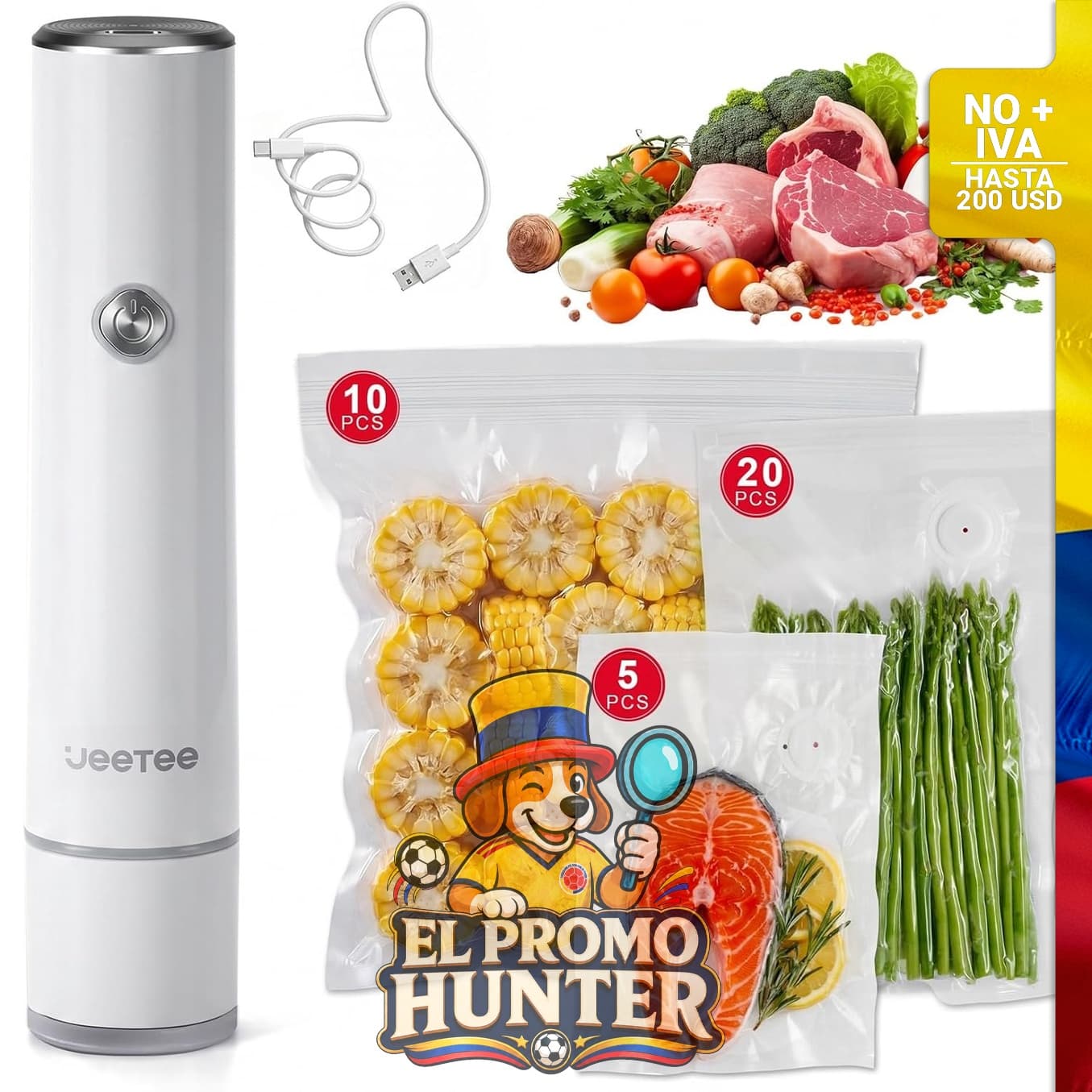 Sellador al vacío compacto para alimentos, incluye 35 bolsas reutilizables en 3 tamaños, potencia de 60 KPa.