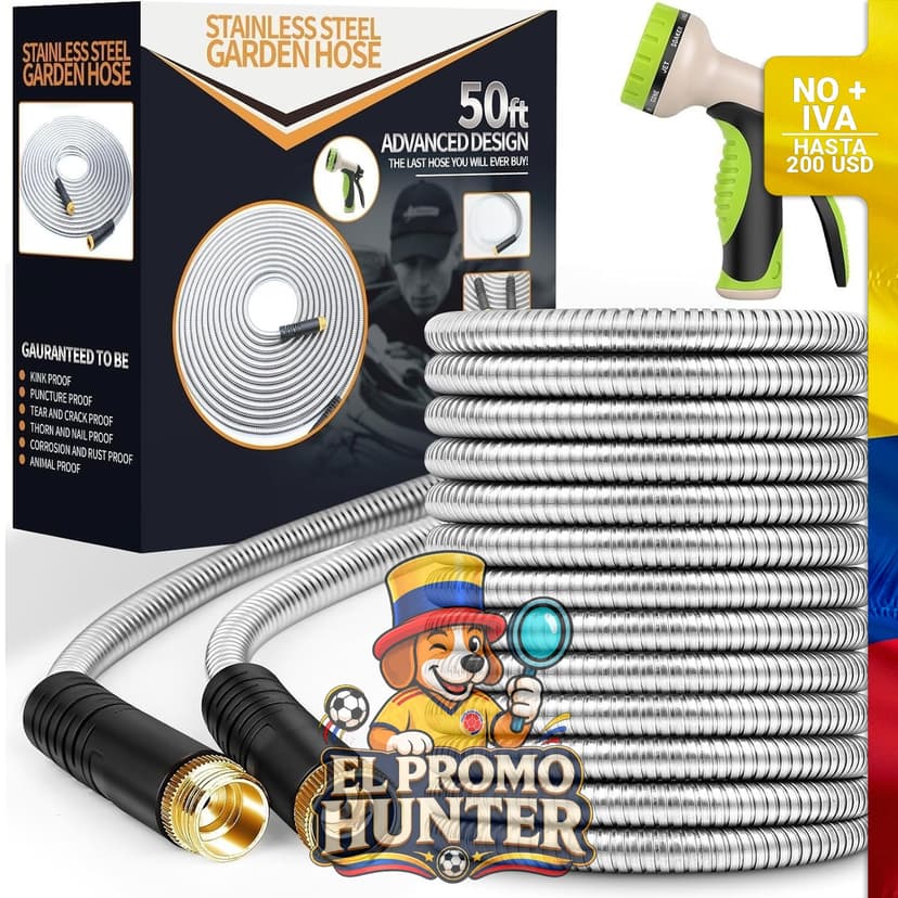 Manguera de jardín de 15,24 m, acero inoxidable, con boquilla de 10 funciones, flexible y resistente a pinchazos.