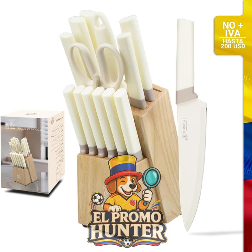 Juego de cuchillos de cocina de 15 piezas con bloque, color blanco roto.