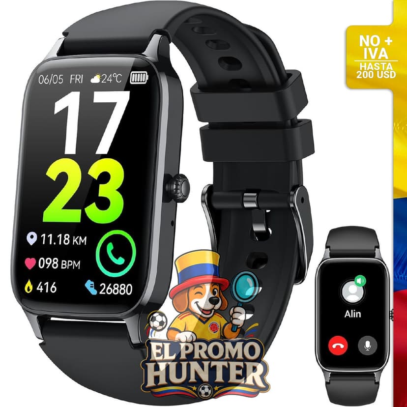 Reloj inteligente con pantalla de 1.57" (4 cm) para seguimiento de actividad y funciones de llamadas.