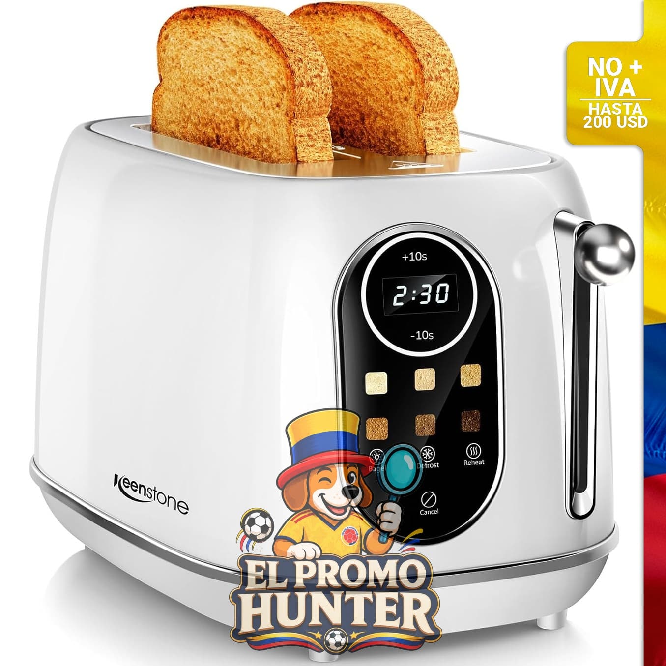 Tostadora Keenstone de 2 ranuras con pantalla táctil, acero inoxidable, 6 niveles de tostado, funciones de recalentar y descongelar.