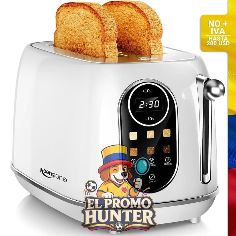 Tostadora Keenstone de 2 ranuras con pantalla táctil, acero inoxidable, 6 niveles de tostado, funciones de recalentar y descongelar.