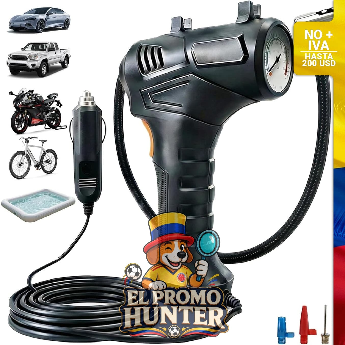 Compresor de aire portátil de 12V DC con medidor de presión digital y luz LED, adecuado para neumáticos de coche, motocicleta y bicicleta.