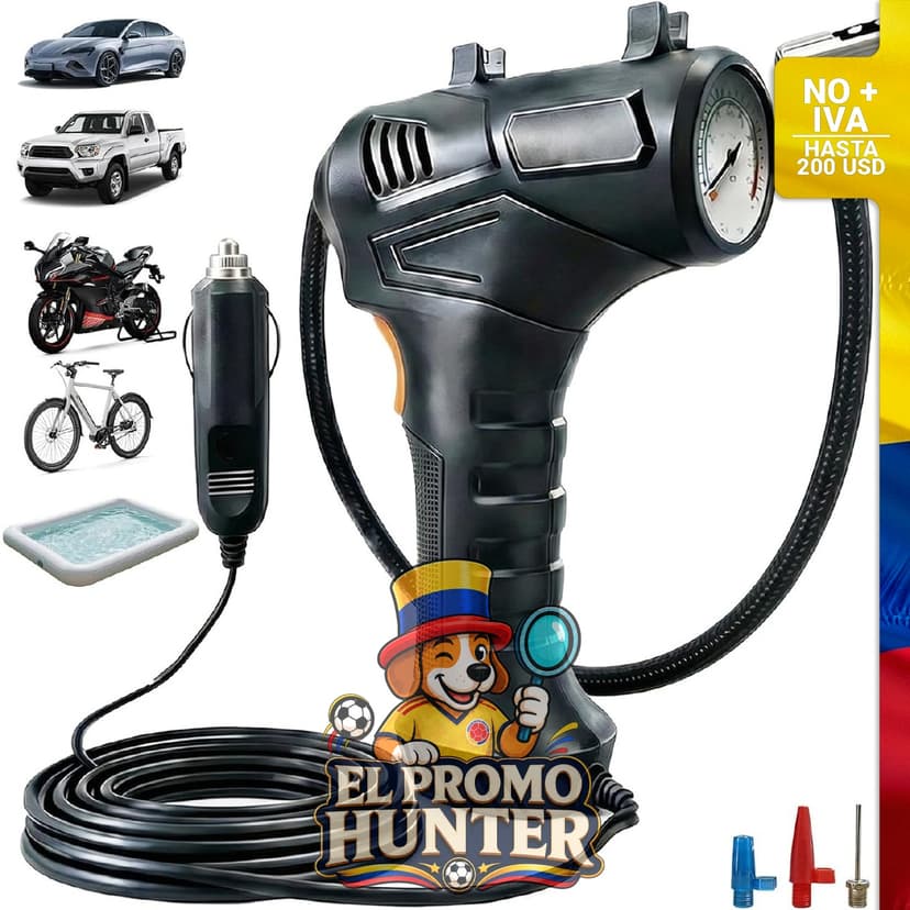 Compresor de aire portátil de 12V DC con medidor de presión digital y luz LED, adecuado para neumáticos de coche, motocicleta y bicicleta.