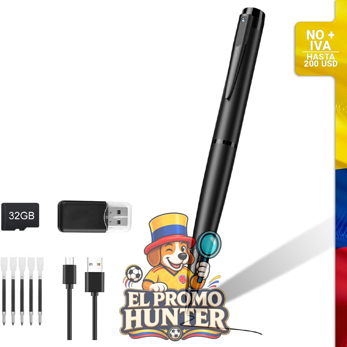Cámara pluma mini 1080P con 32GB, grabación en bucle, sin WiFi, para uso en interiores.