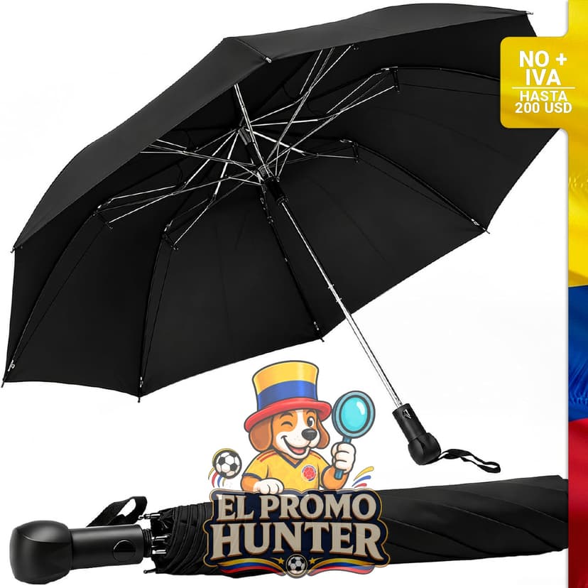 Paraguas automático negro de 97 cm con sistema antiviento.