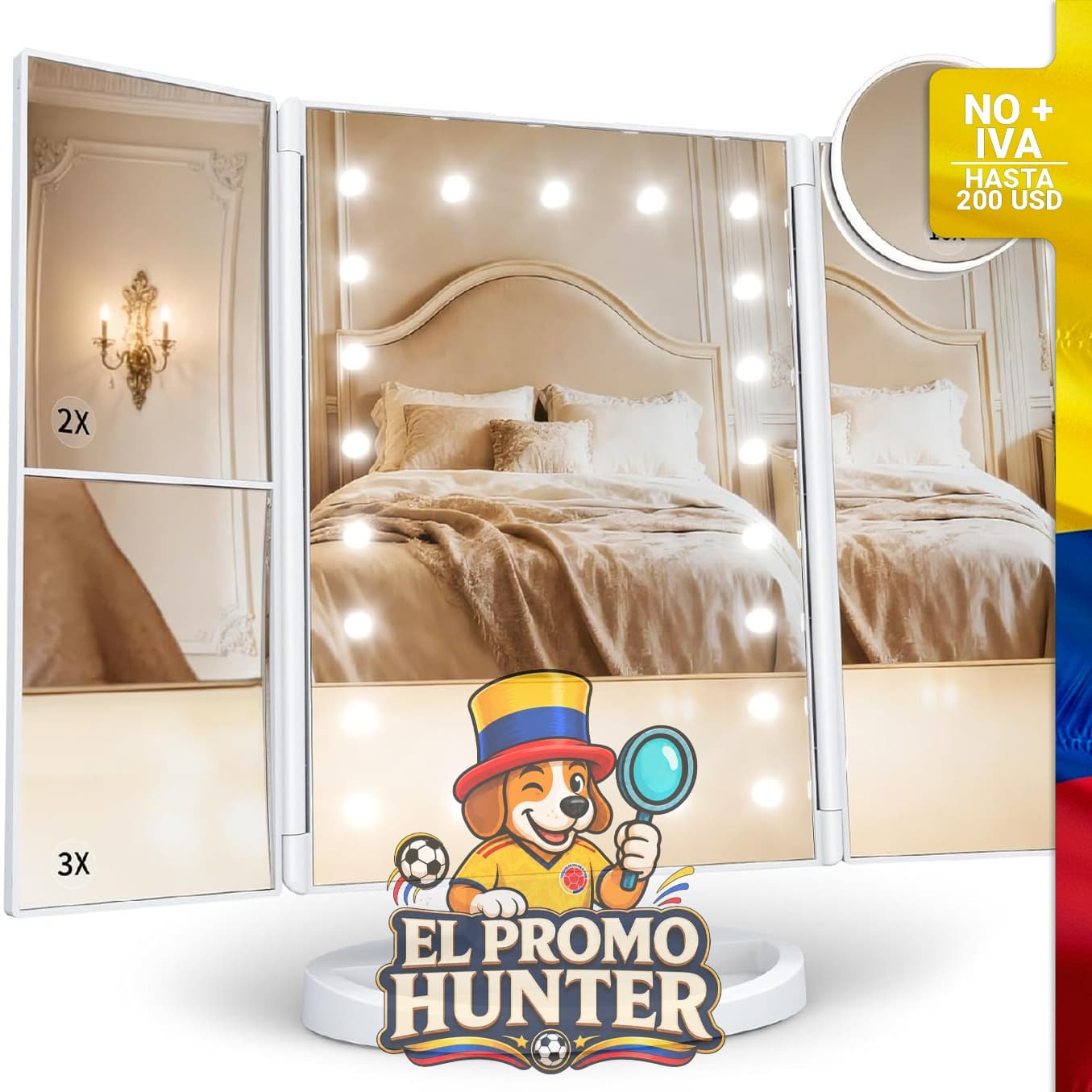 Espejo de maquillaje LED con aumento 1X, 2X y 3X.