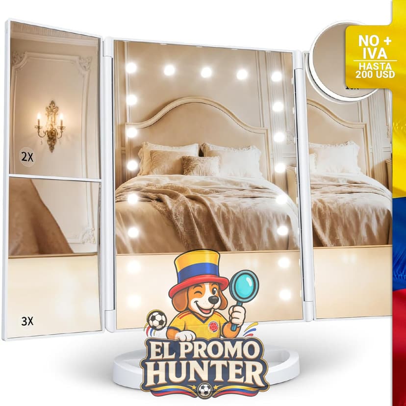 Espejo de maquillaje LED con aumento 1X, 2X y 3X.