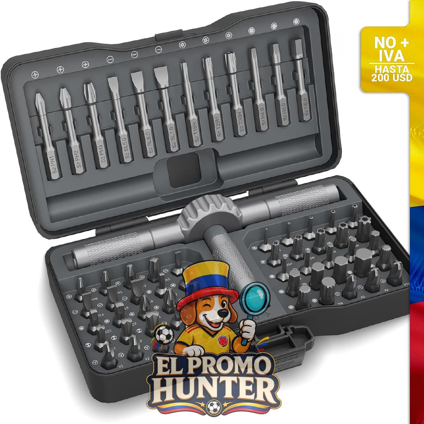 Destornillador Ratchet 67 en 1, incluye múltiples puntas y un diseño compacto.