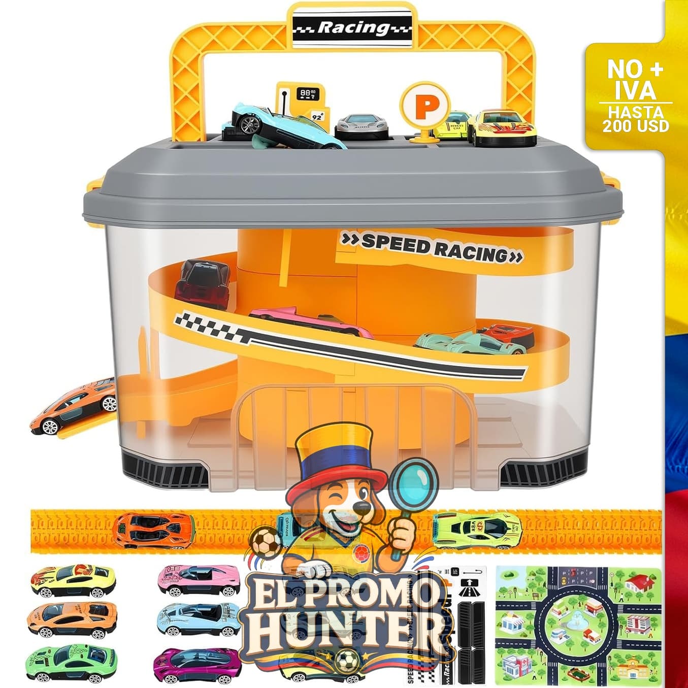 Pista de carros infantil con 12 autos incluidos.