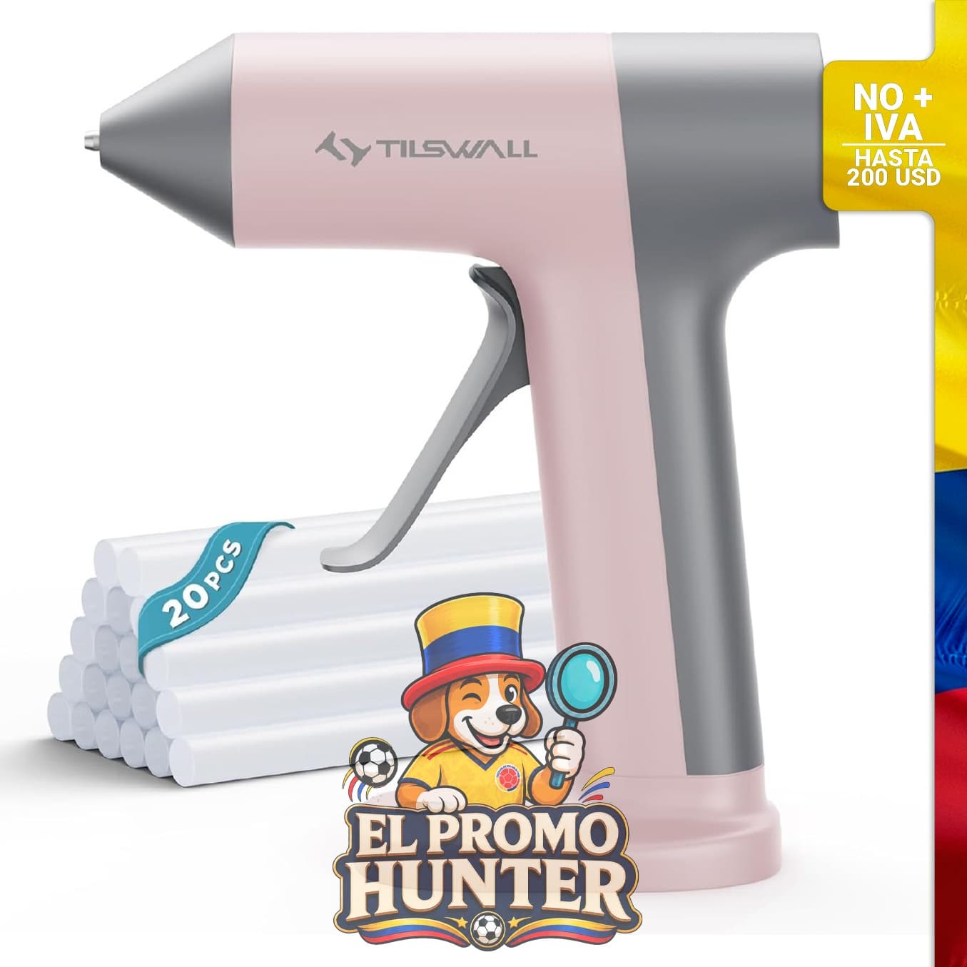 Pistola de pegamento inalámbrica color rosa, ideal para proyectos de manualidades.