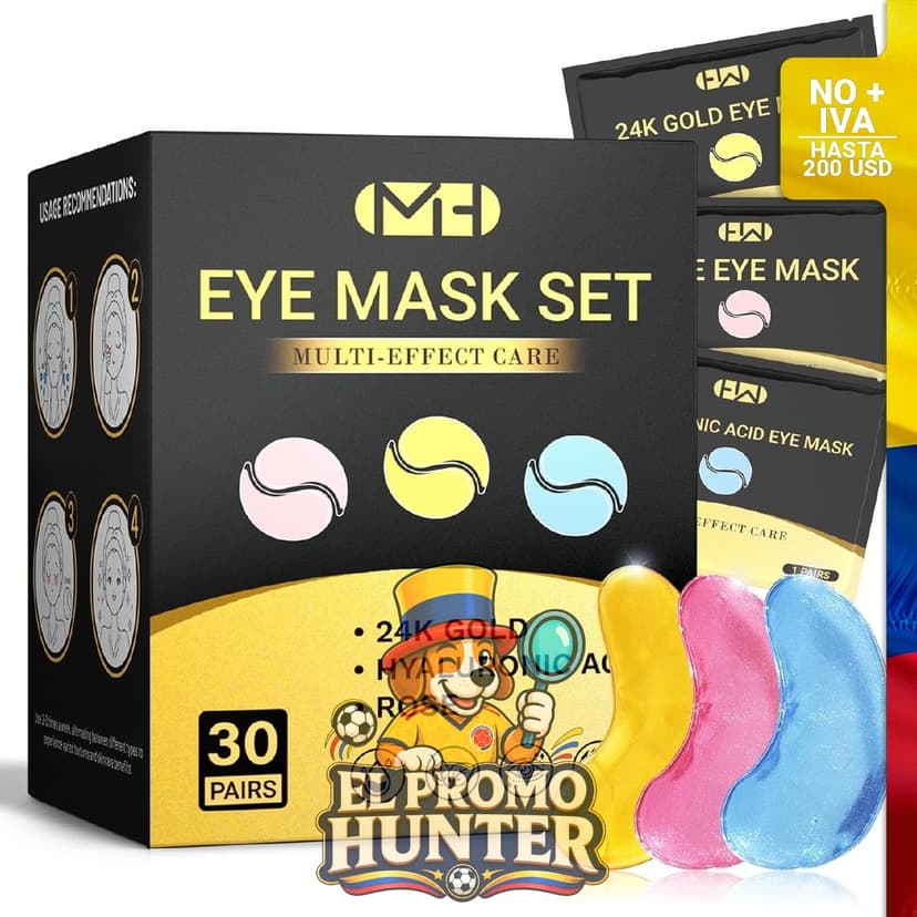 Parches para debajo de los ojos, 30 pares, con oro de 24 quilates, ácido hialurónico y rosa.