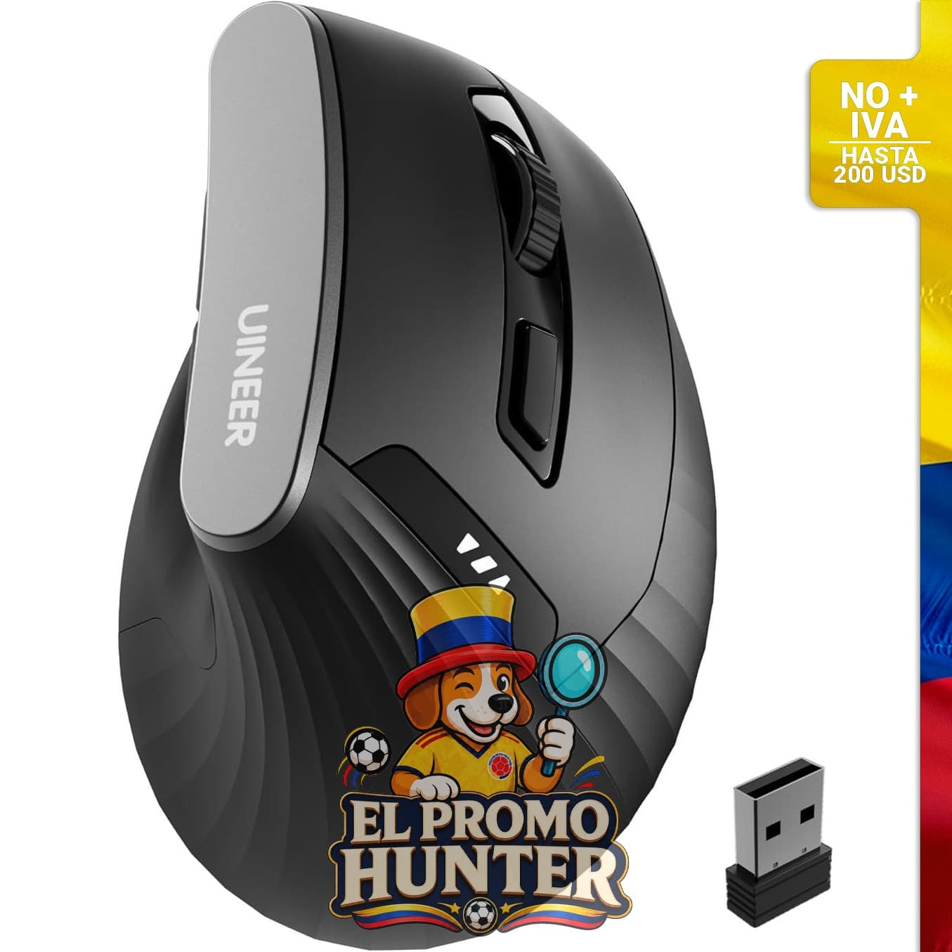 Ratón vertical inalámbrico Uineer de 2.4 GHz con 4 niveles de DPI ajustables y conexión USB-A.