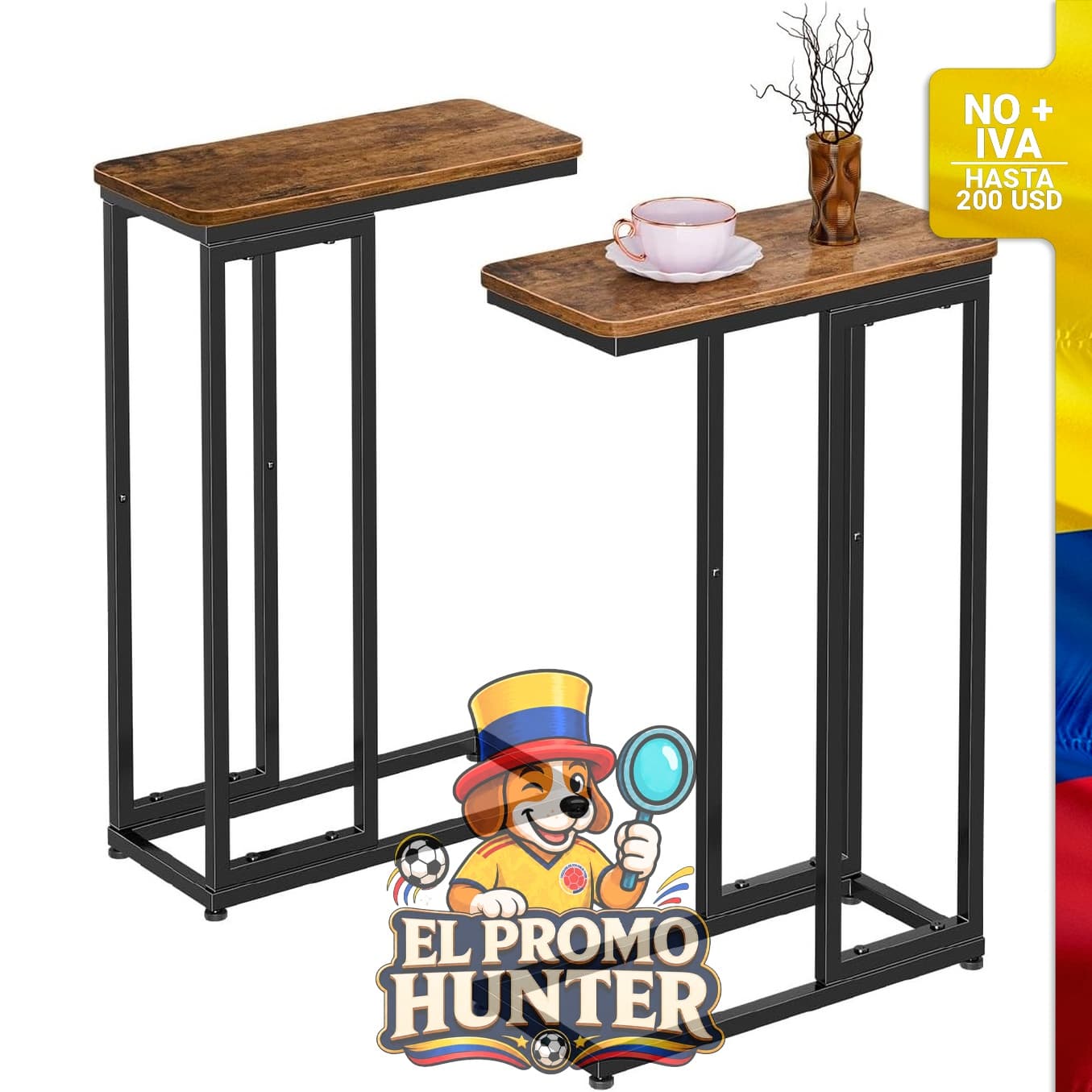 Juego de 2 mesas auxiliares en forma de C, color marrón rústico, ideales para espacios pequeños.