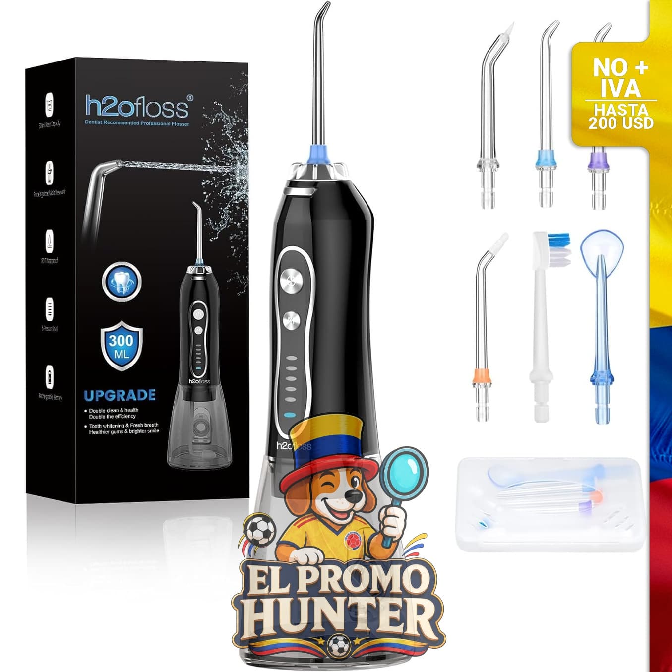 Irrigador oral portátil H2ofloss con 5 modos, recargable y resistente al agua (IPX7).