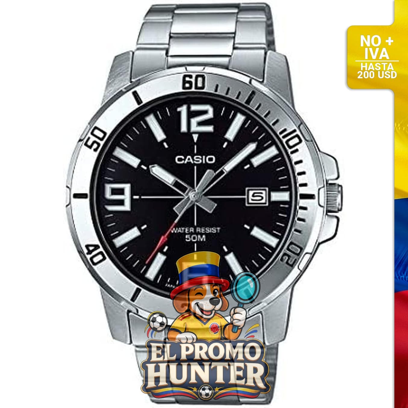 Reloj analógico Casio MTP-VD01D-1BV para hombre, acero inoxidable, esfera negra, dimensiones 48×42×10.7 mm, movimiento de cuarzo.