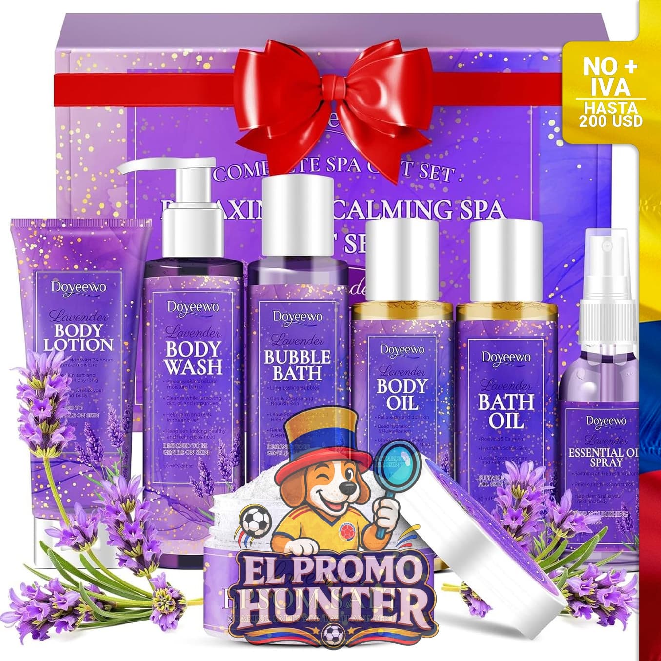 Kit de ducha relajante de lavanda para cuidado personal en casa.