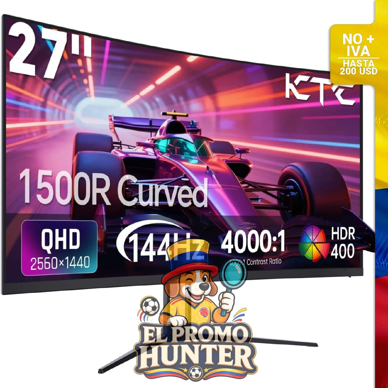 Monitor curvo KTC de 27" (68.58 cm) QHD 1440P, 144Hz, 1500R, con puertos HDMI y DP, compatible con VESA.