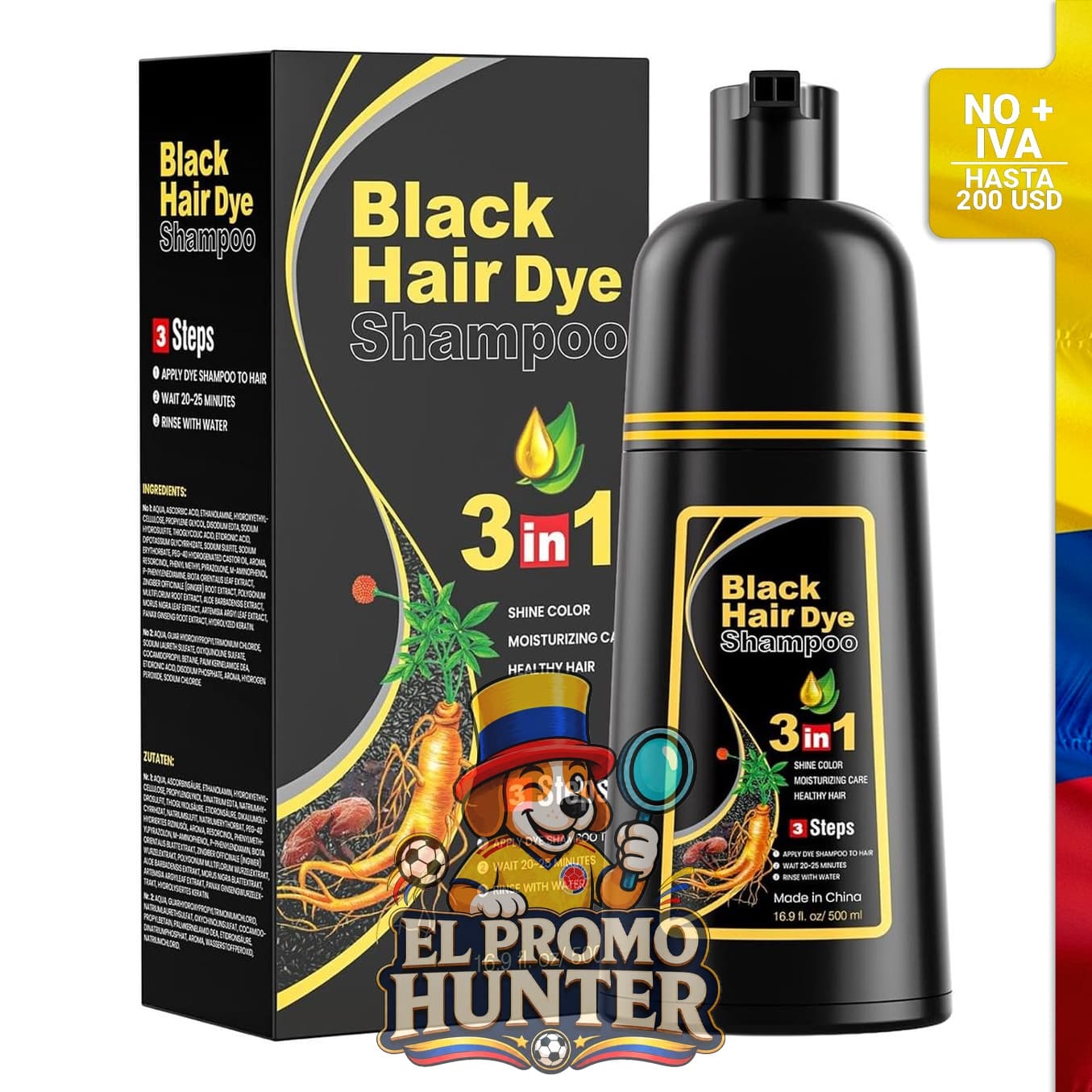 Champú de tinte negro 3 en 1, cobertura de canas, fórmula herbaria, sin amoníaco.