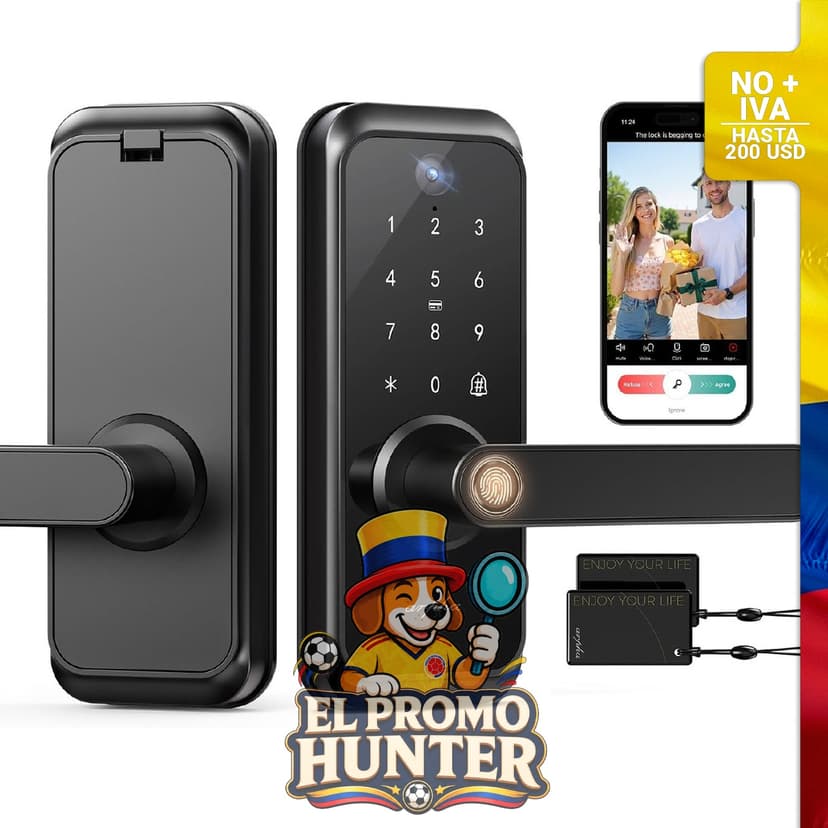 Cerradura inteligente de video WiFi con cámara, entrada sin llave 6 en 1 (huella dactilar, app, teclado, FOB, llave).
