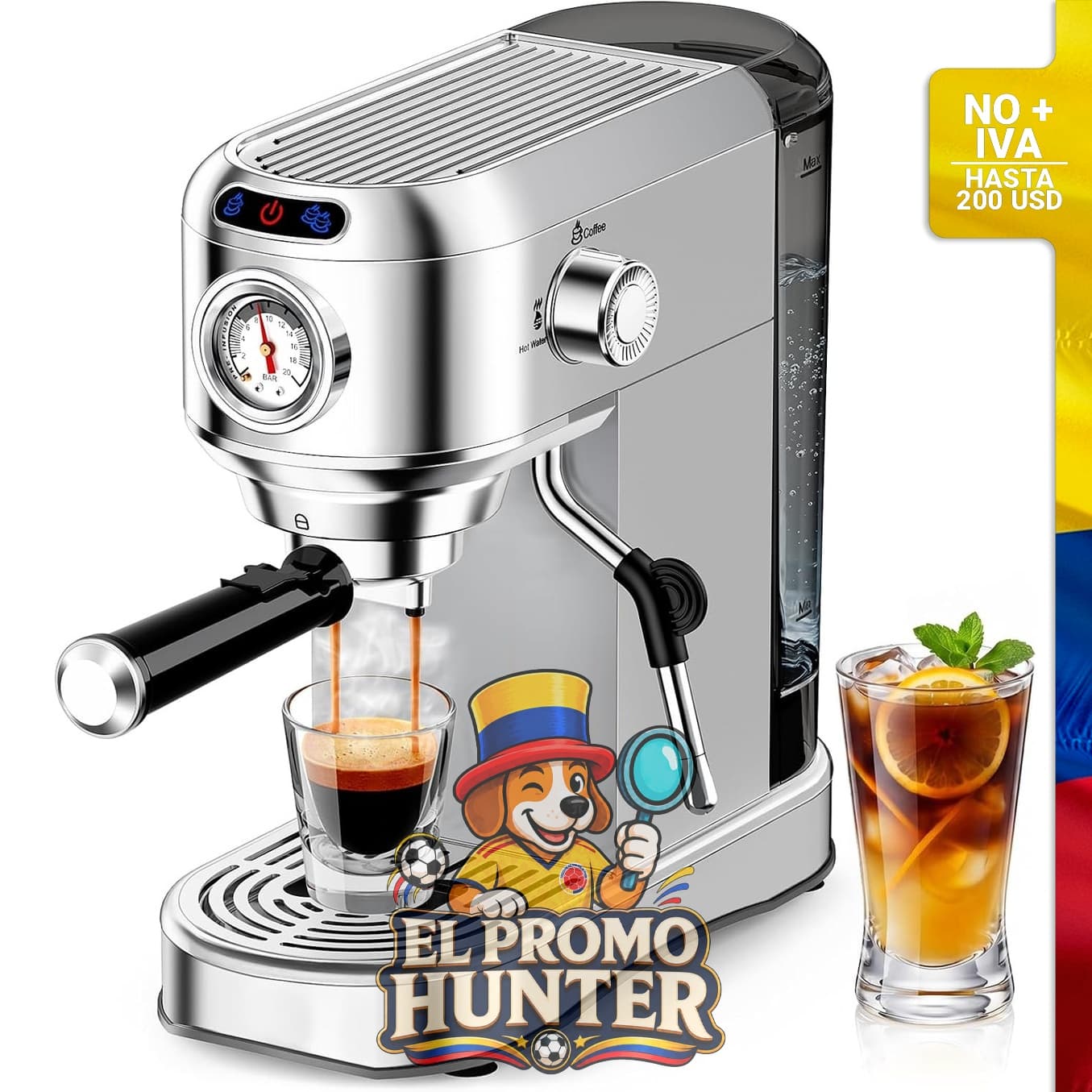 Máquina de café espresso de 20 bares, compacta, con espumador de leche y tanque de agua extraíble de 1 L.