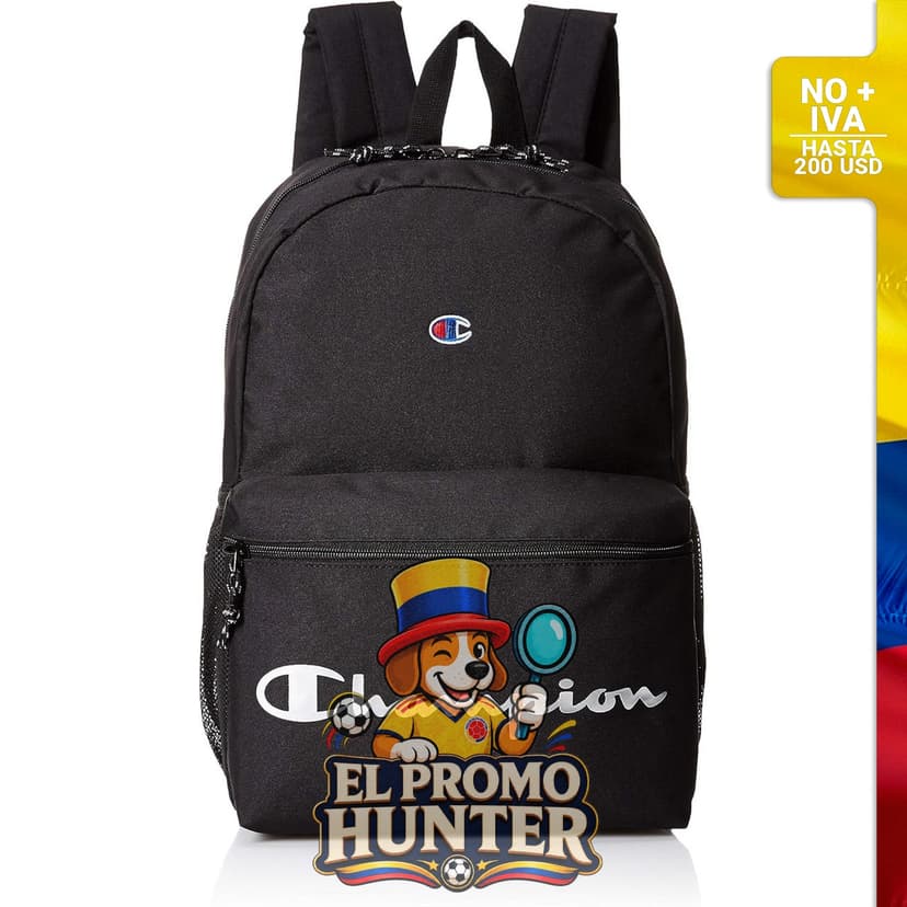 Mochila Champion Youthquake en color negro, diseñada para uso juvenil.