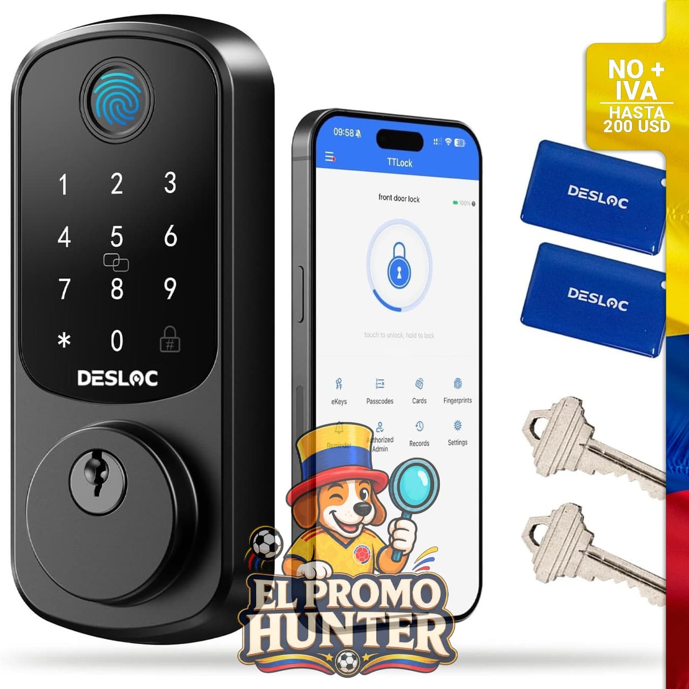Cerradura inteligente DESLOC B200 con huellas dactilares y teclado, control por aplicación Bluetooth y bloqueo automático.