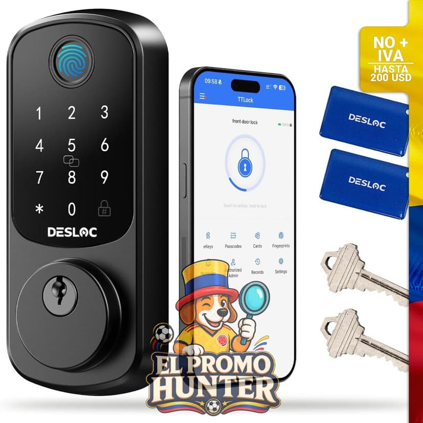 Cerradura inteligente DESLOC B200 con huellas dactilares y teclado, control por aplicación Bluetooth y bloqueo automático.