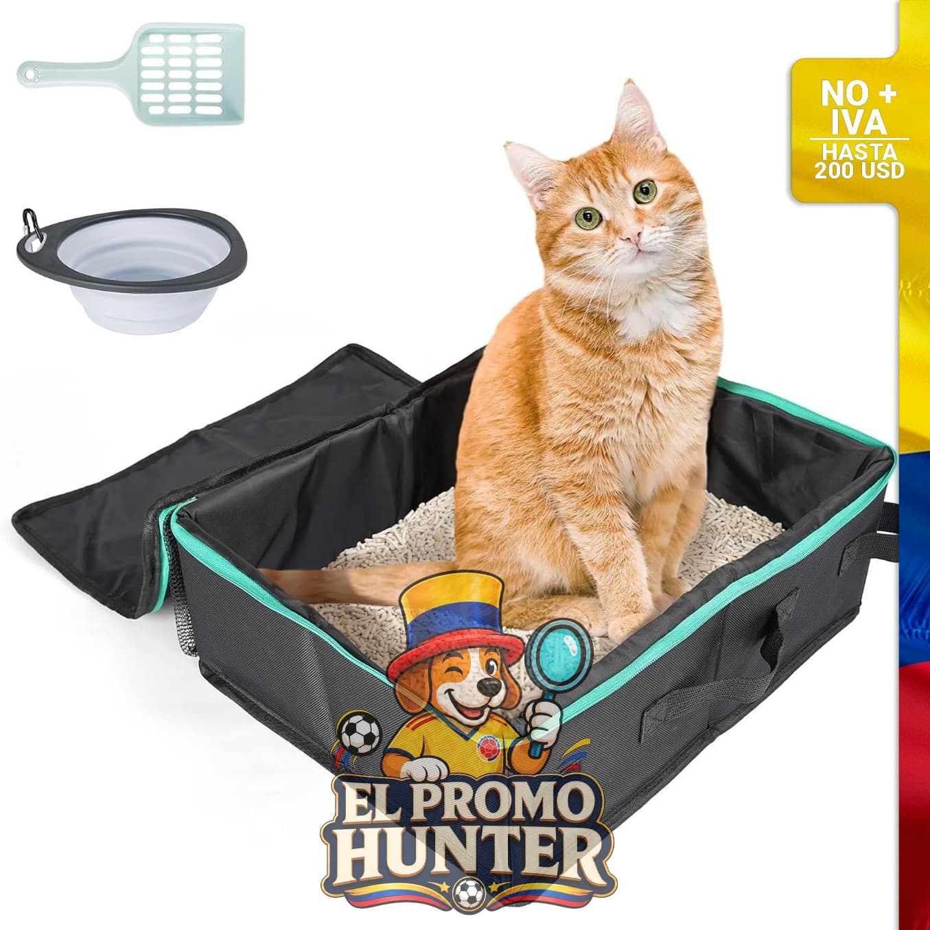 Caja de arena portátil para gatos, incluye tapa, cuchara y cuenco. Plegable y a prueba de fugas.