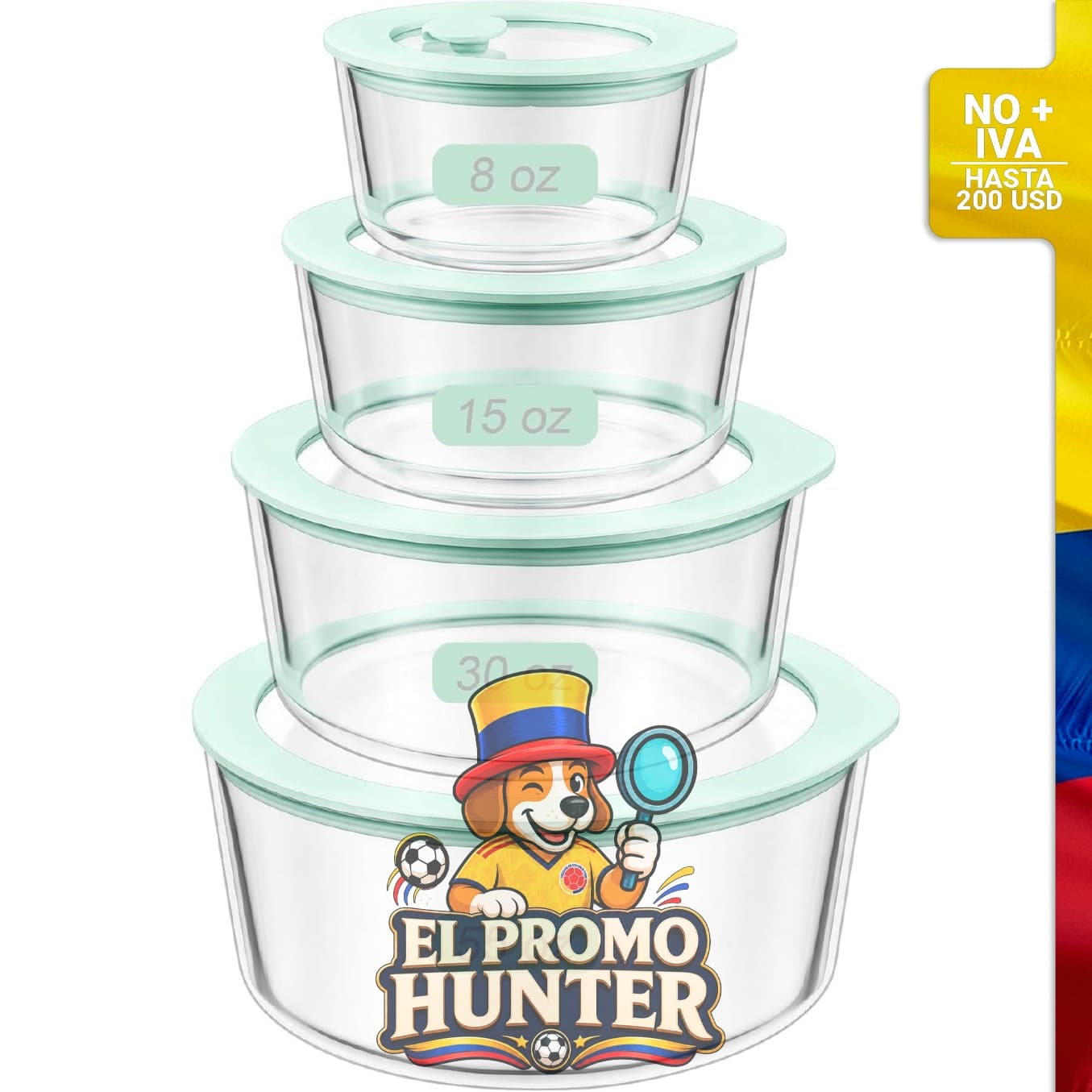 Juego de recipientes de vidrio Urban Green, 4 unidades, con tapa de vidrio y marco de silicona a prueba de fugas.