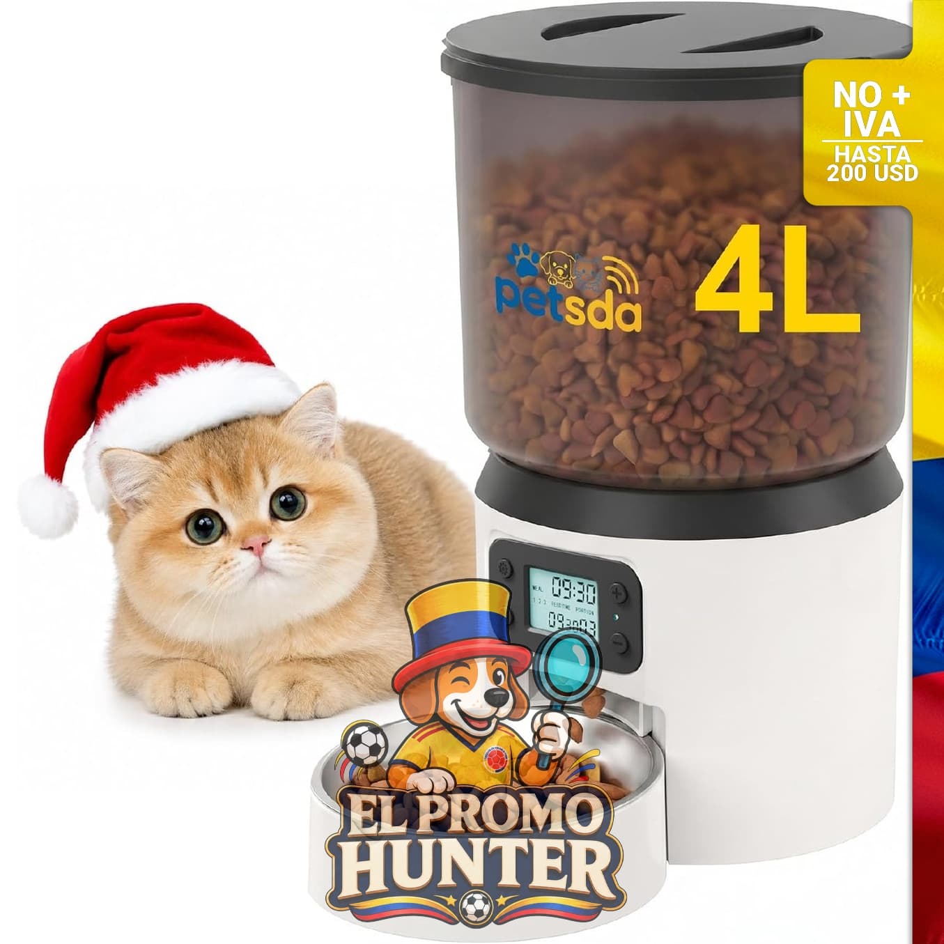 Dispensador automático de alimentos secos para gatos, capacidad de 4 L, temporizador para 9 comidas/día.