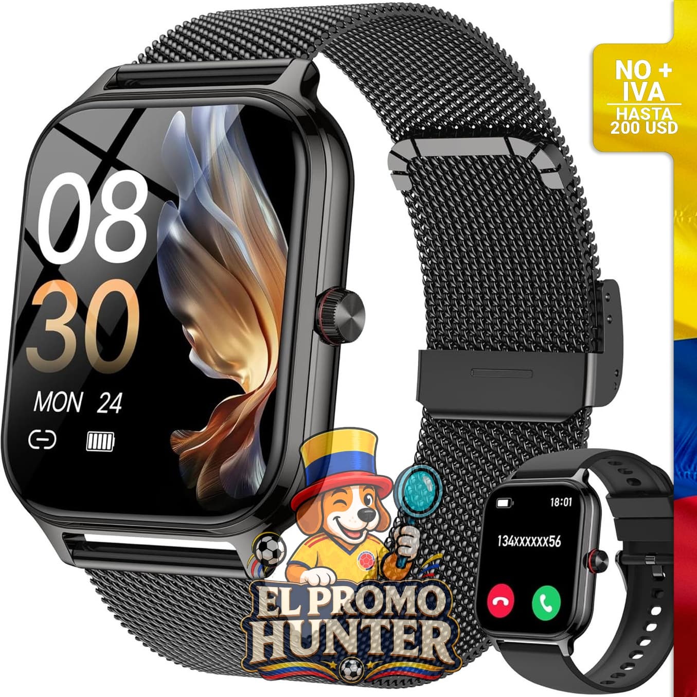 Reloj inteligente con pantalla de 1.96" (5 cm), monitor de actividad física, presión arterial y frecuencia cardíaca.