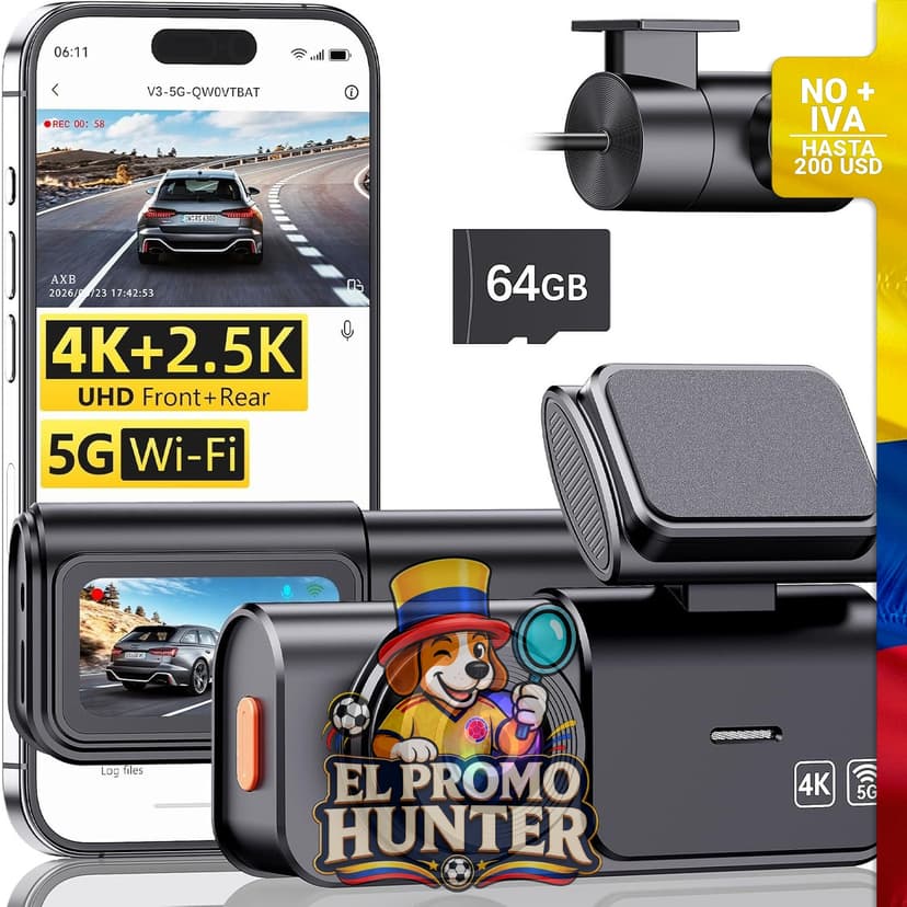 AXB Dash Cam delantera y trasera V3 con grabación en 4K y 2.5K, incluye tarjeta de 64GB y modo de estacionamiento.