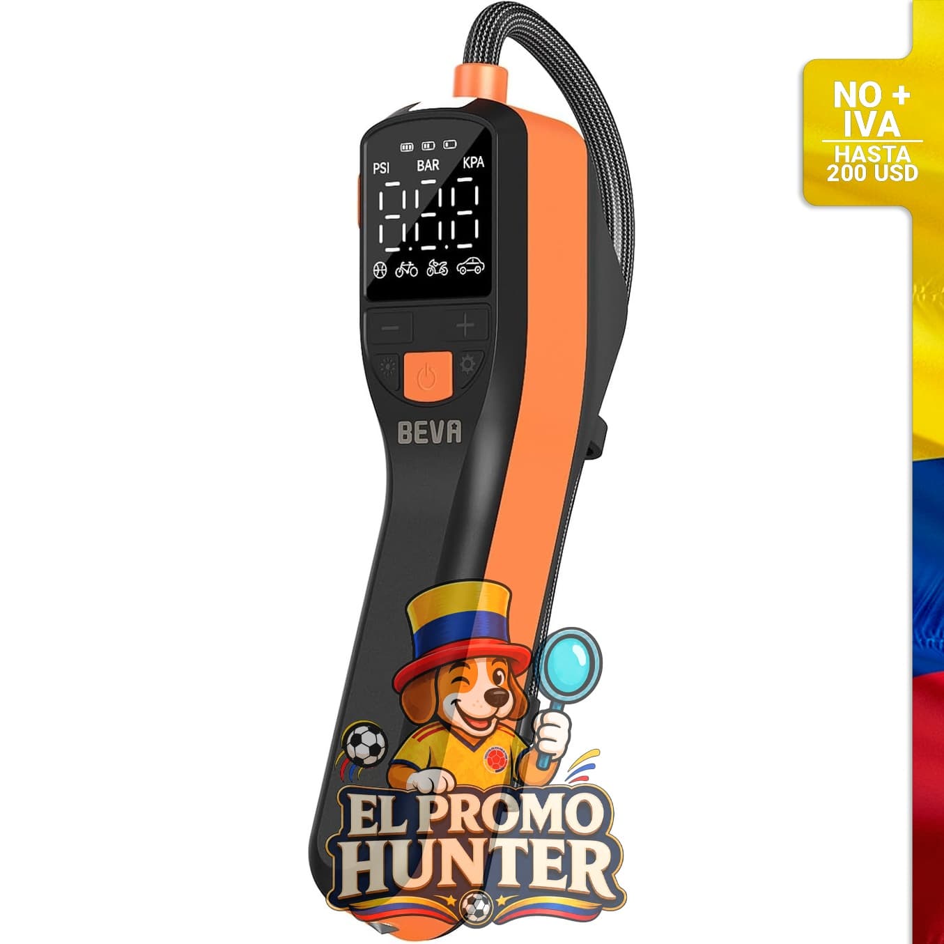 Inflador de neumáticos portátil BEVA, compresor de aire con manómetro digital y luz LED, presión máxima de 150 PSI.