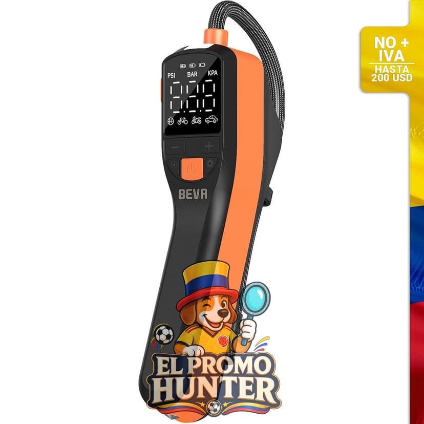Inflador de neumáticos portátil BEVA, compresor de aire con manómetro digital y luz LED, presión máxima de 150 PSI.