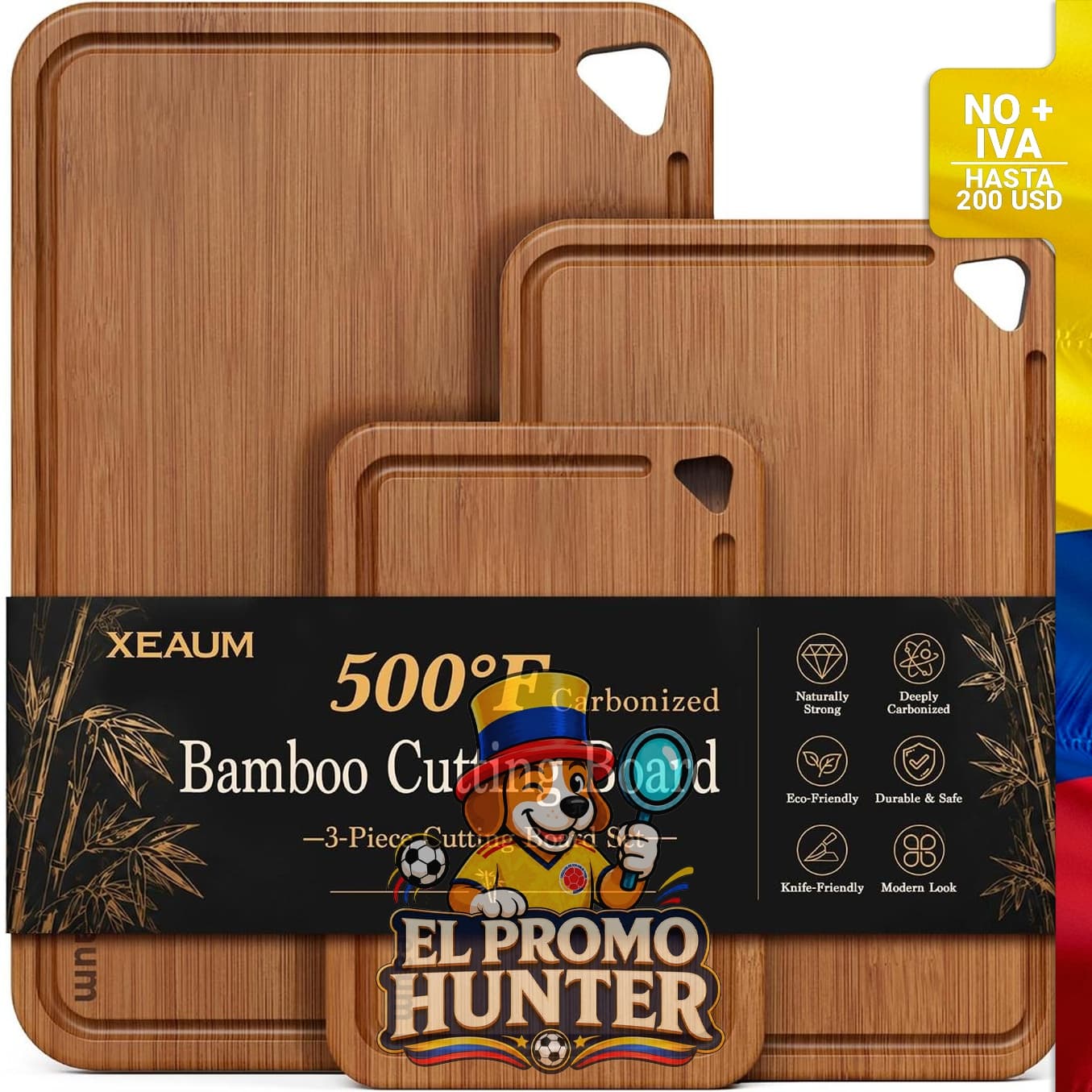 Juego de tablas de cortar de bambú de 3 piezas, con ranuras para jugos y asas laterales.
