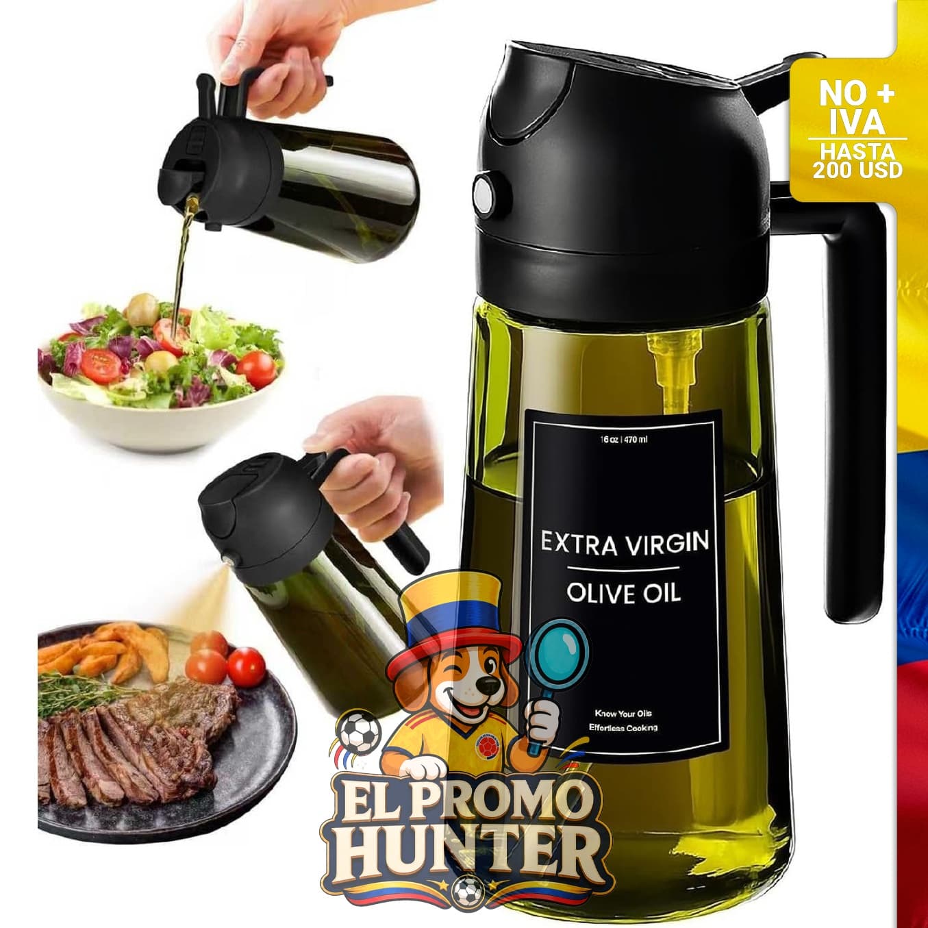 Pulverizador de aceite de oliva de vidrio de 16 oz (470 ml), dispensador 2 en 1 para cocina.