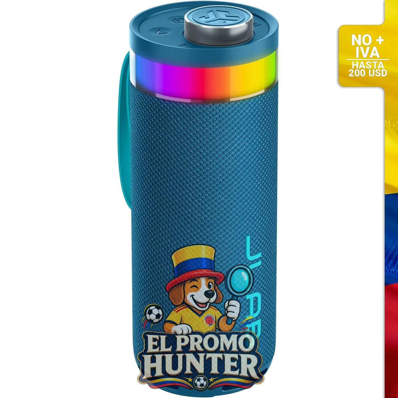 Altavoz Bluetooth portátil JLab Go Party con LED RGB, impermeable y en color azul marino.