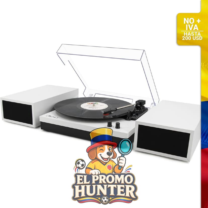 Tocadiscos moderno con altavoces estéreo de doble potencia, preamplificador phono, transmisión por correa y 3 velocidades.