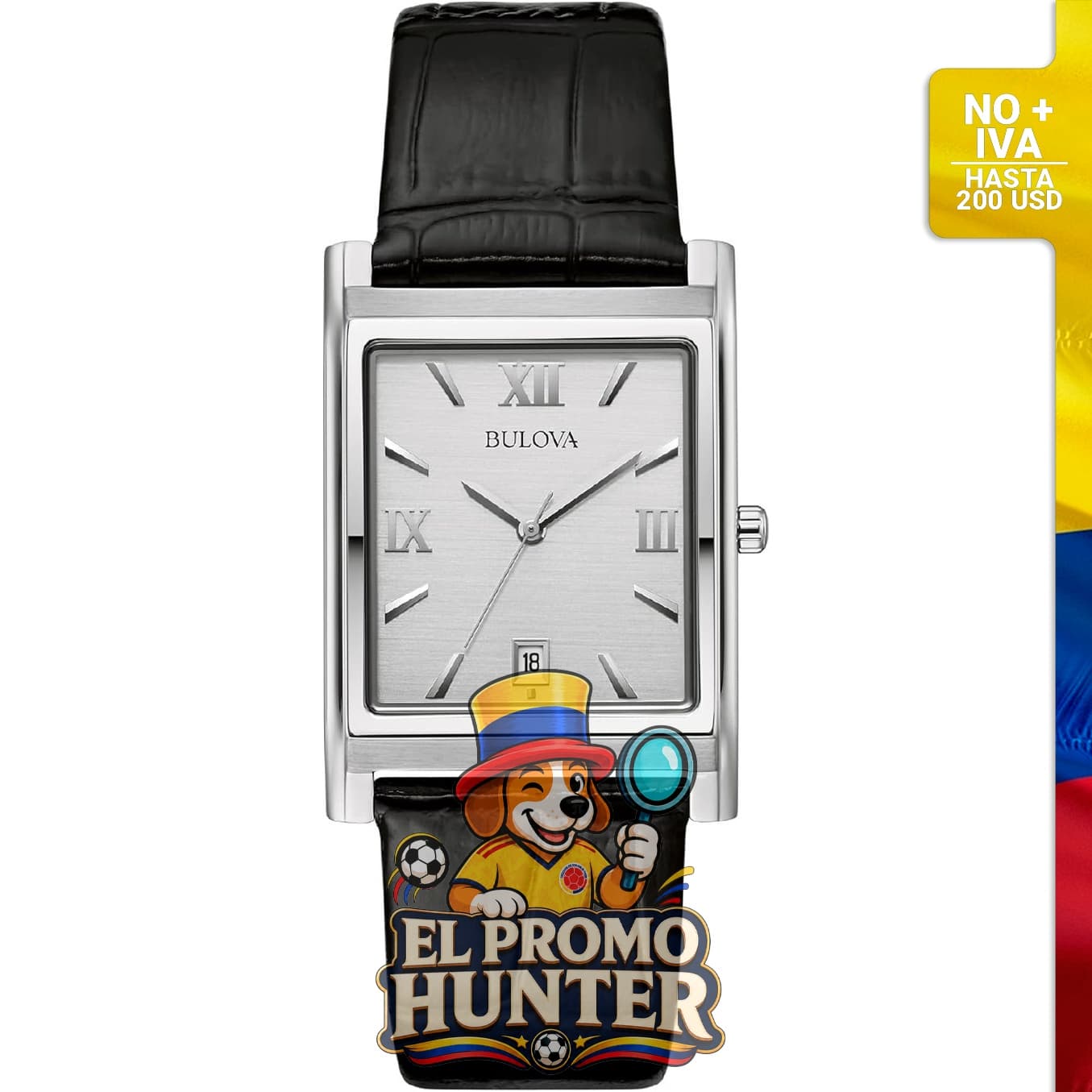 Reloj Bulova para hombre, acero inoxidable, mecanismo de cuarzo, correa de cuero negro, esfera rectangular.