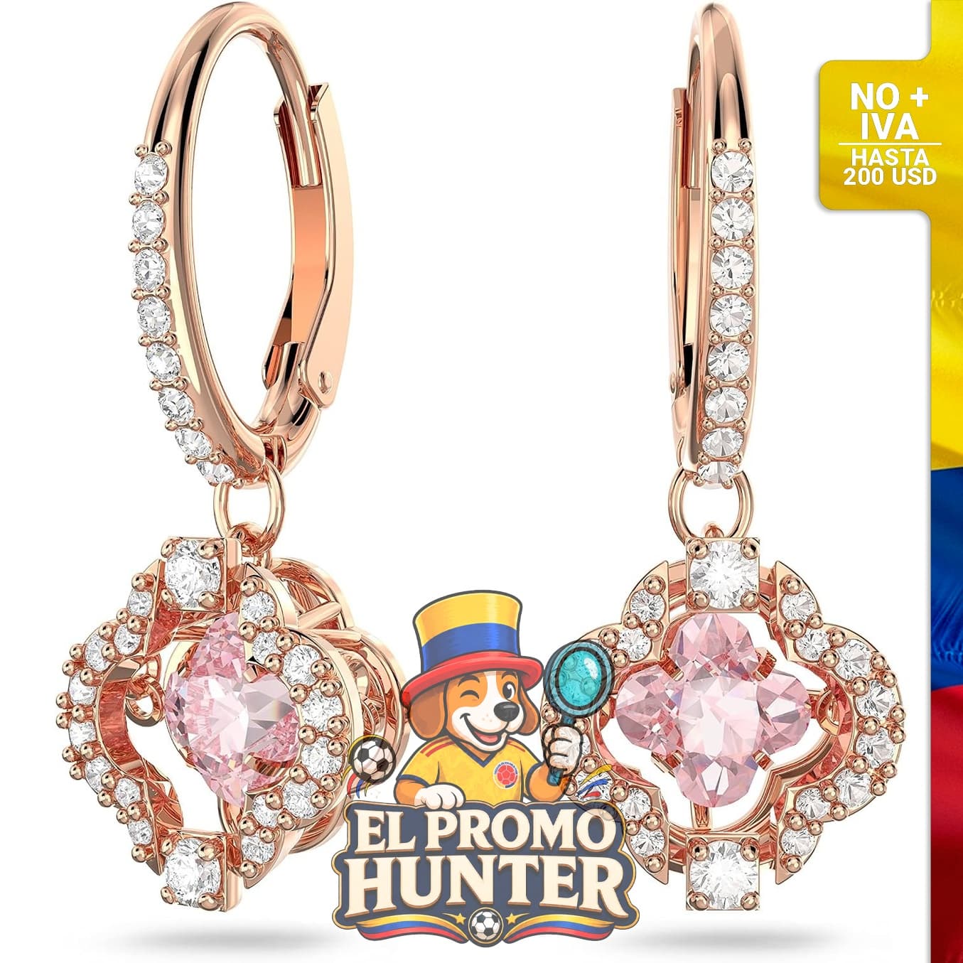 Pendientes Swarovski con pavé de cristal transparente y piedra rosa, acabado en oro rosa.