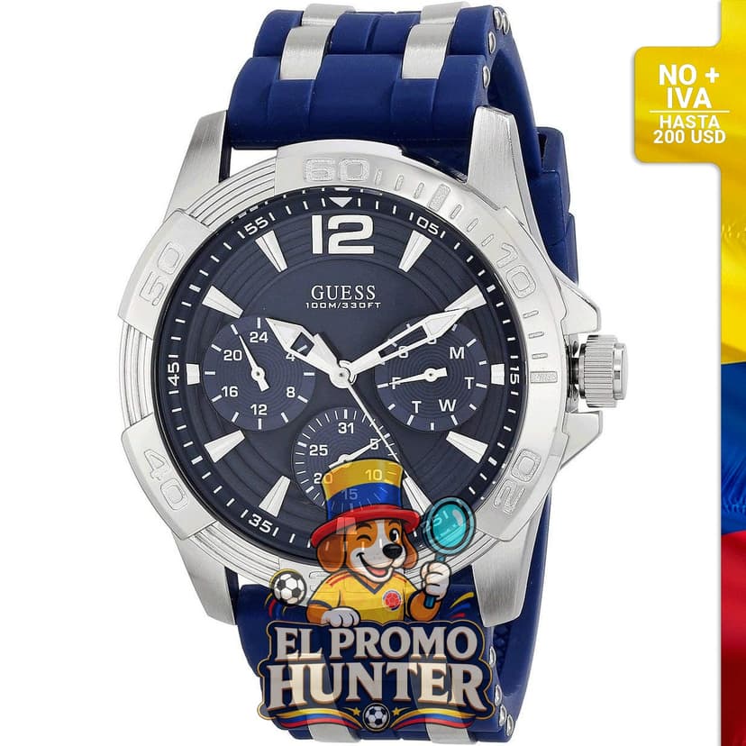 Reloj Guess Iconic de acero inoxidable con correa de silicona azul, resistente a manchas.