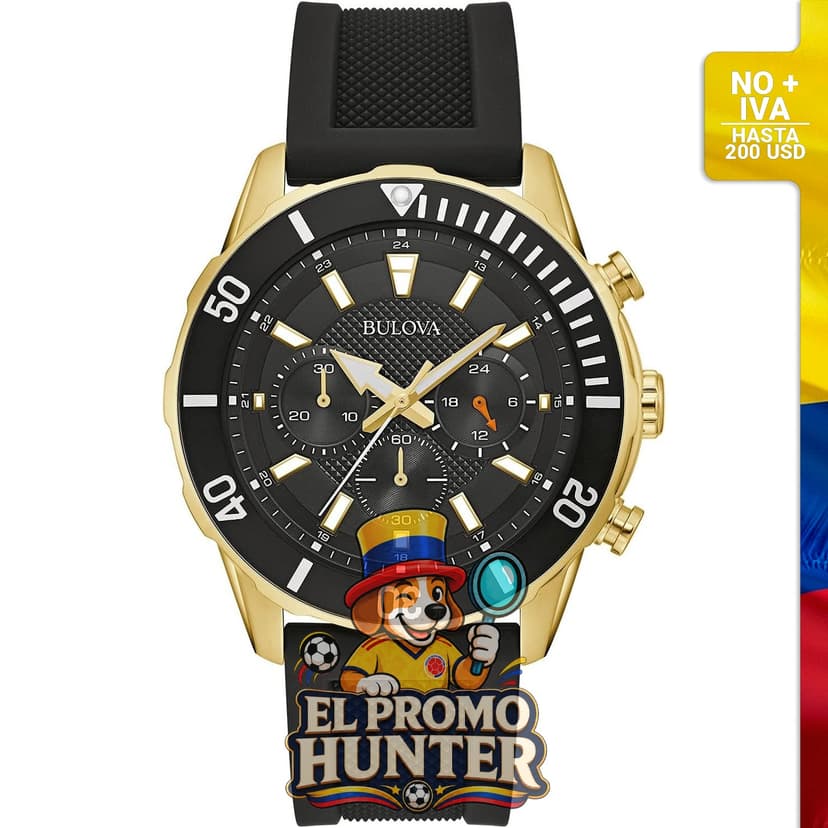 Reloj de cuarzo Bulova para hombre con cronógrafo de 6 manecillas, correa de silicona negra, resistente al agua hasta 100 m, 44 mm.