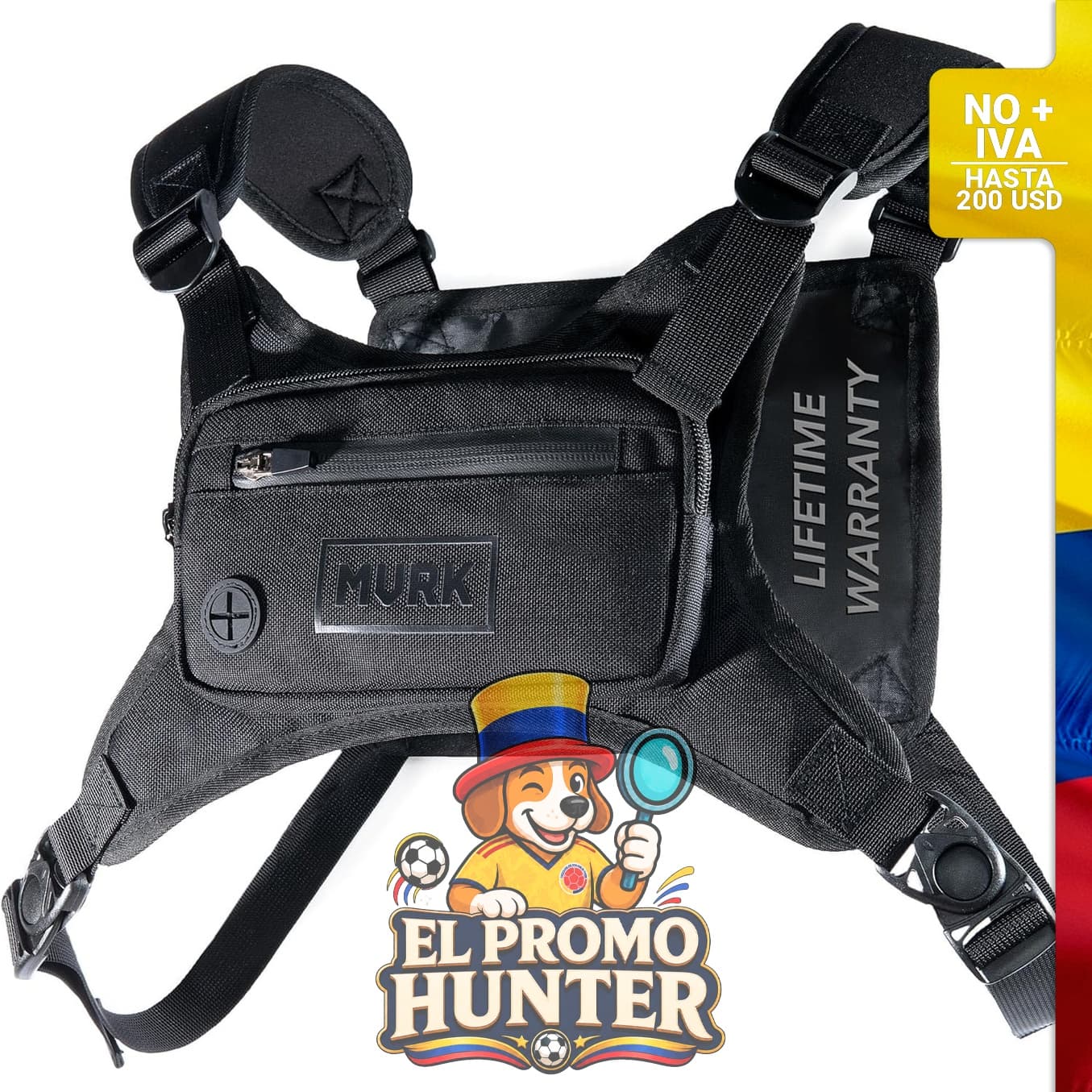 Mochila de pecho resistente al agua, diseñada para correr, con soporte para teléfono y almacenamiento adicional.