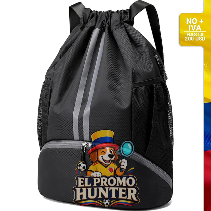 Mochila deportiva con cordón, incluye compartimento para zapatos y bolsillo impermeable.