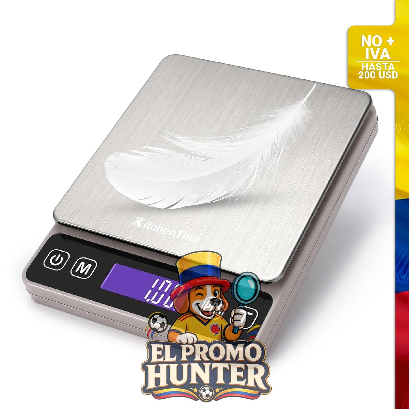 Báscula digital de cocina KitchenTour con capacidad de 500 g y precisión de 0.01 g, pantalla LCD retroiluminada.