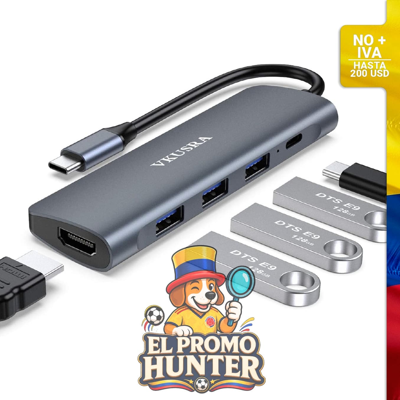 Adaptador multipuerto VKUSRA 5 en 1 USB C con 4K HDMI y 3 puertos USB 3.0, 100 W PD.